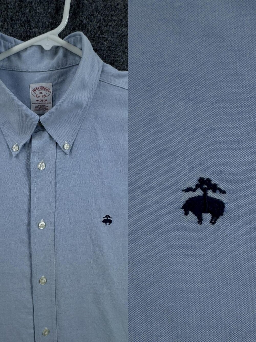 Brooks Brothers Oxford OCBD Blue Logo Button-Down Mens Madison Non-Iron XL Shirt